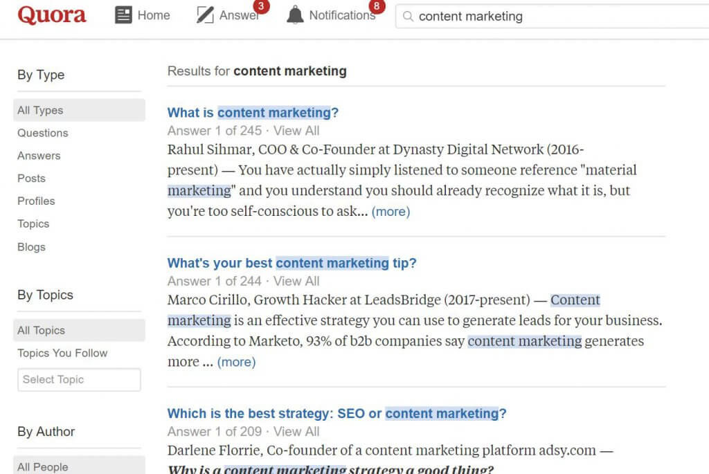 quora results for the term 'content marketing'.