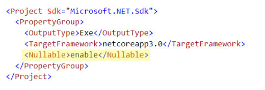 code showing how to enable "nullable" in .csproj