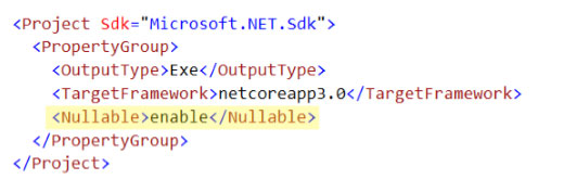 Null-Values-In-C#-Part-2-Enable-Nullable-Contexts code showing how to enable "nullable" in .csproj