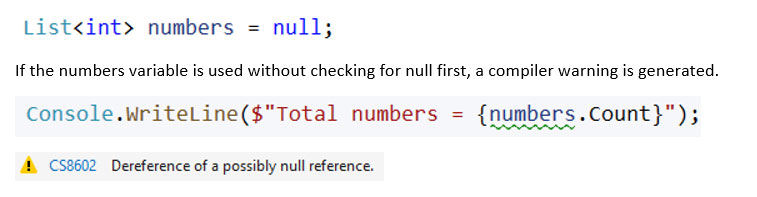 code showing a compiler warning when assigning null references.