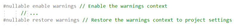 Null-Values-In-C#-Part-2-Nullable-Context-Warnings-Annotations code showing how to specify specific nullable context warnings or annotations.