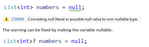 code showing that Assigning a null to a non-nullable reference type generates a warning.