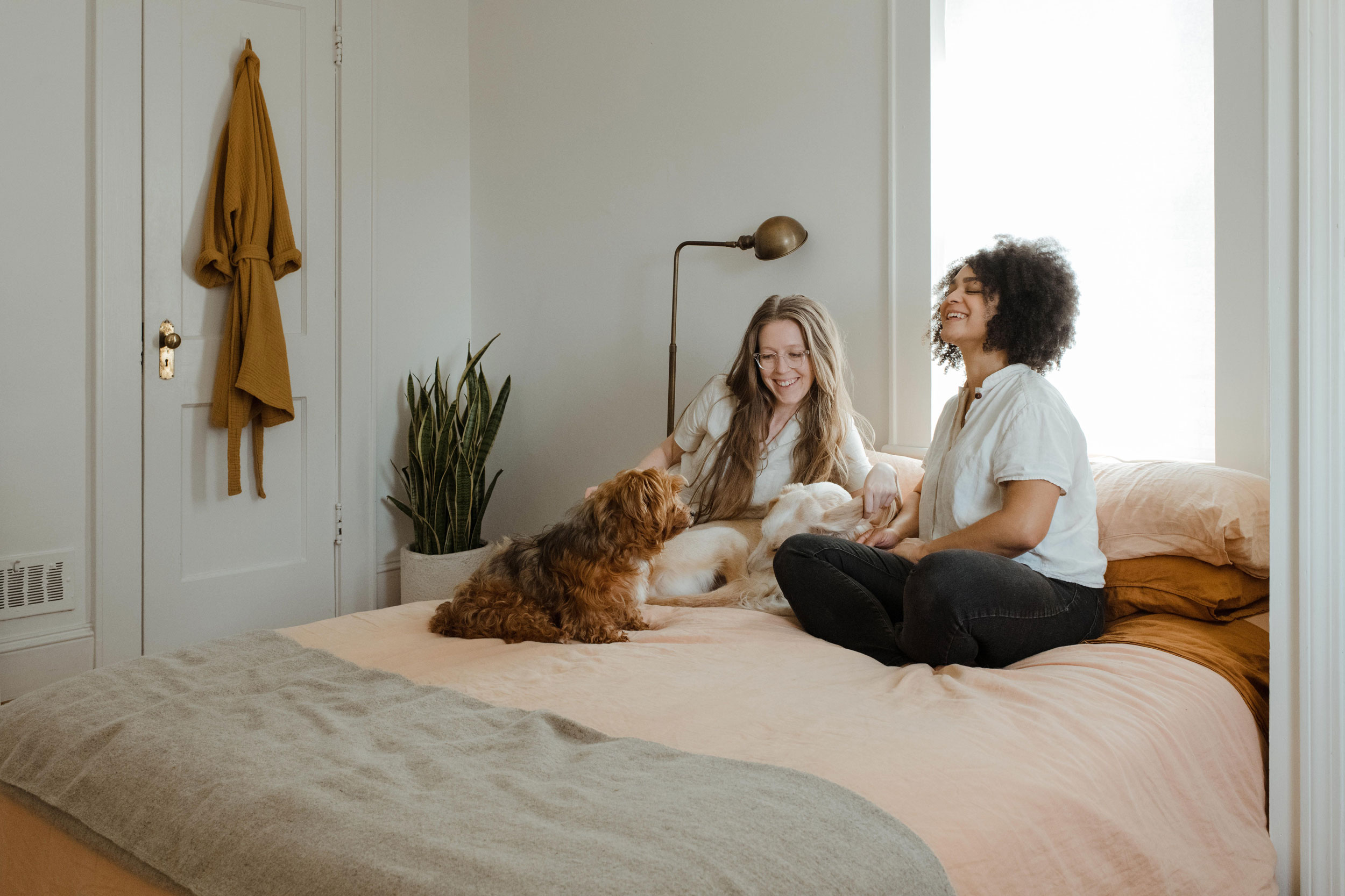 women sitting on the bed laughing with their dogs.