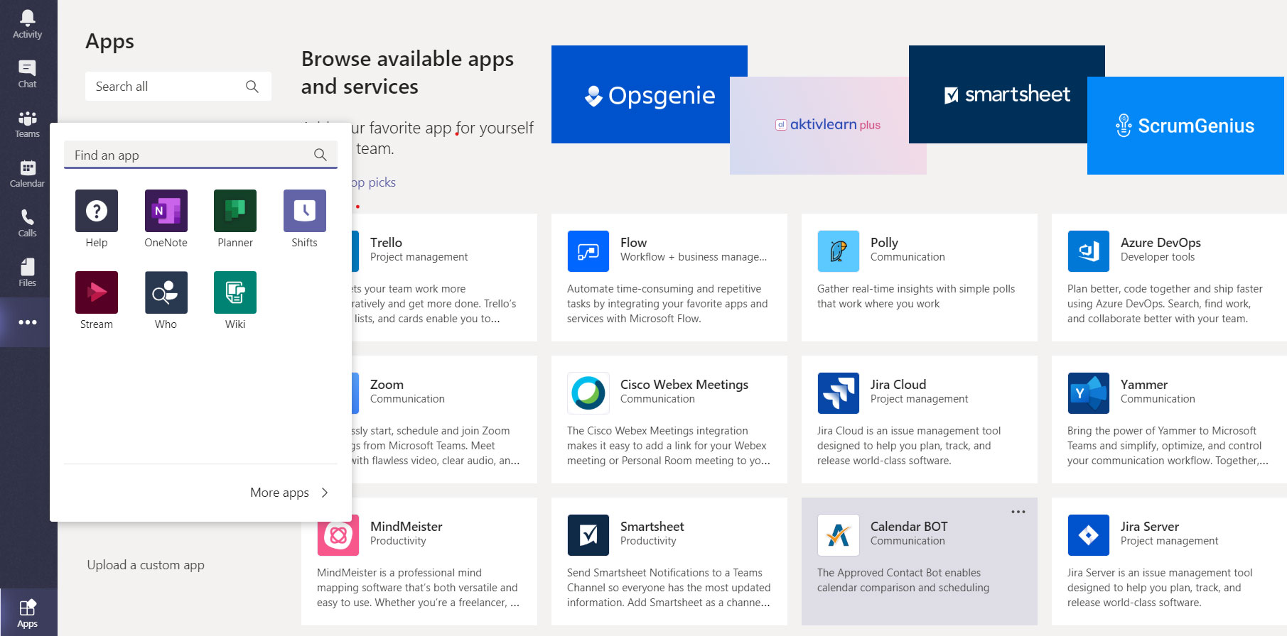 screenshot showing all the apps Microsoft Team provides.