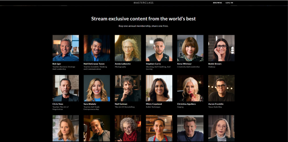 Screenshot of the platform MasterClass showing all the classes you can take.