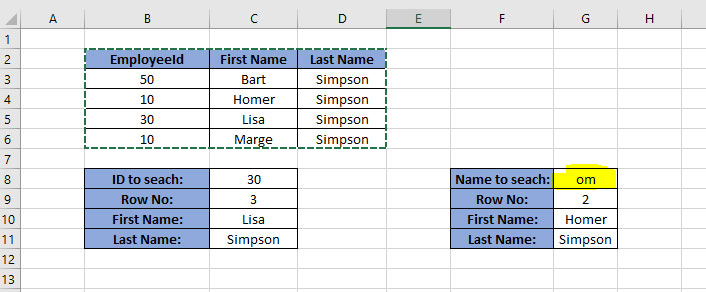 Excel document showing employee ID's and using the index-match function.