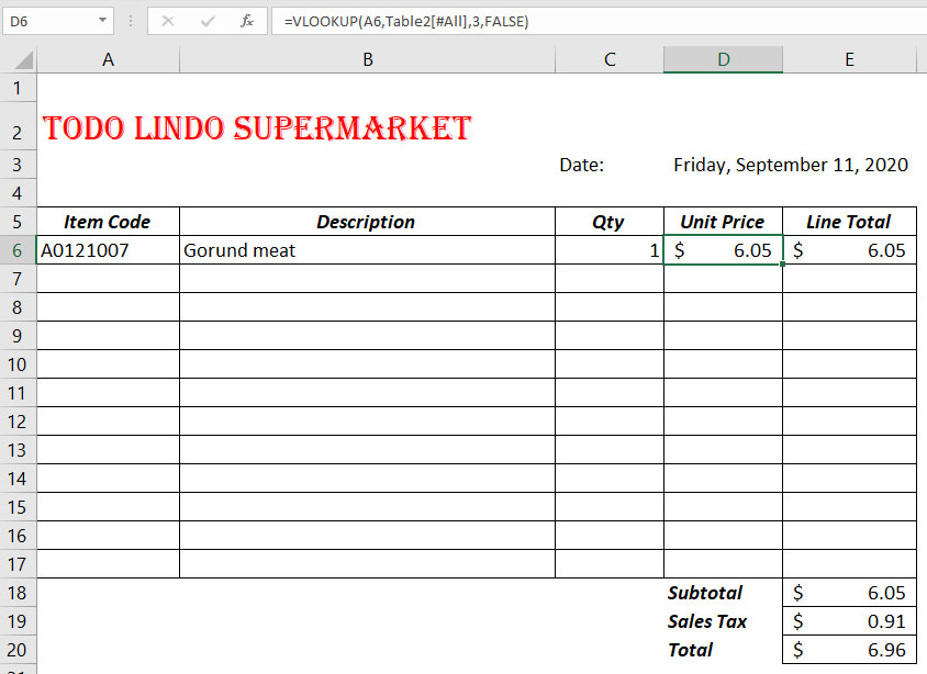 Supermarket excel document showing the price of ground meat.