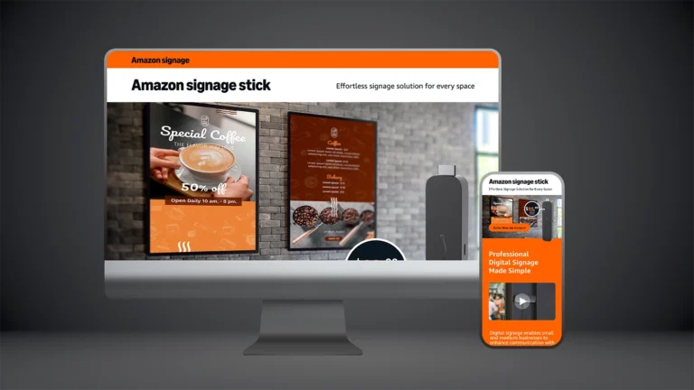 Mockup showing the Amazon signage stick product with digital coffee shop ads on a wall, and responsive landing page designs displayed on both a desktop screen and smartphone. The signage stick is positioned between the two screens, promoting a simple digital signage solution.