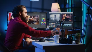 A man editing videos on his laptop.