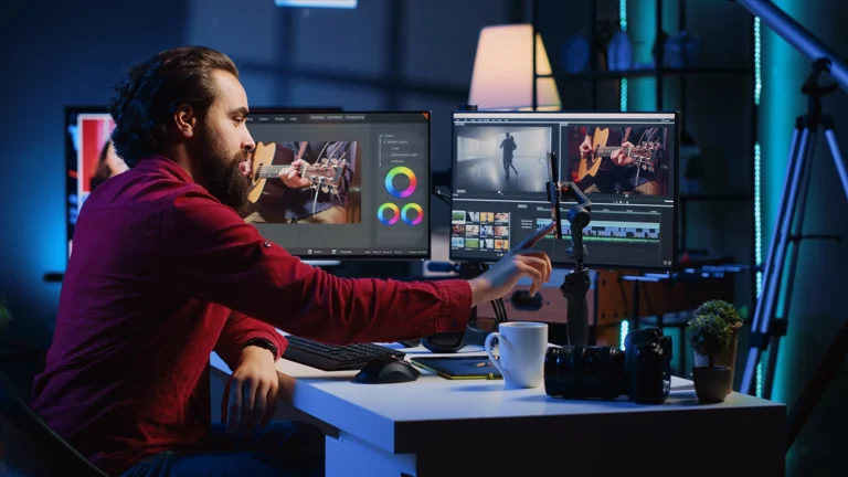 A man editing videos on his laptop.