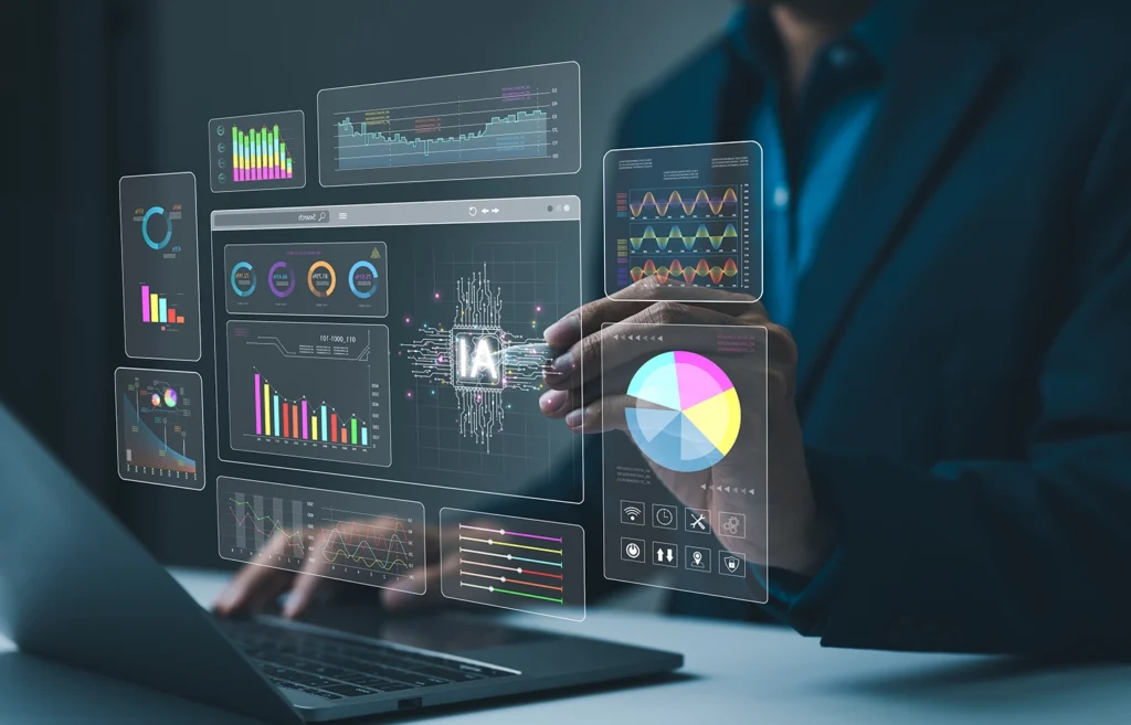 a person typing on a laptop with an AI digital marketing dashboard