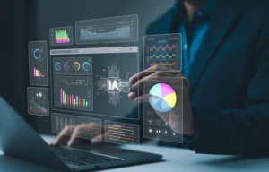 a person typing on a laptop with an AI digital marketing dashboard