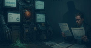 Hyperrealistic “Frankensystem”: a hulking patchwork of monitors and cables showing mismatched dashboards while a tired analyst compares conflicting spreadsheets. Image created using ChatGPT.