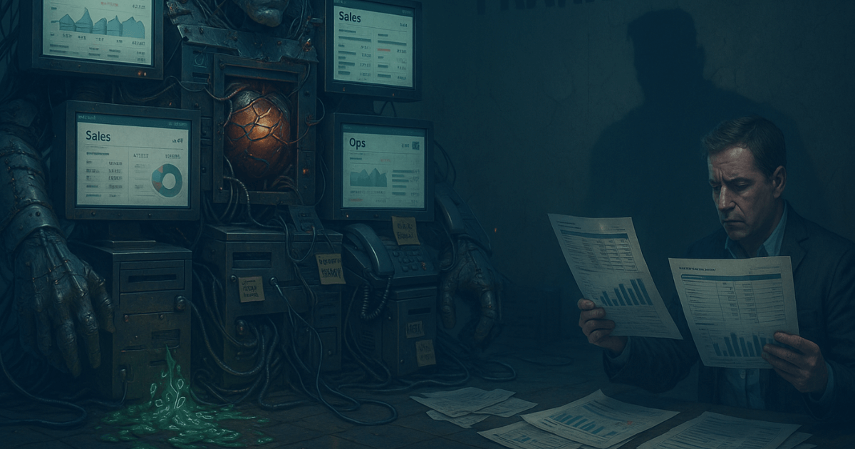 Hyperrealistic “Frankensystem”: a hulking patchwork of monitors and cables showing mismatched dashboards while a tired analyst compares conflicting spreadsheets. Image created using ChatGPT.
