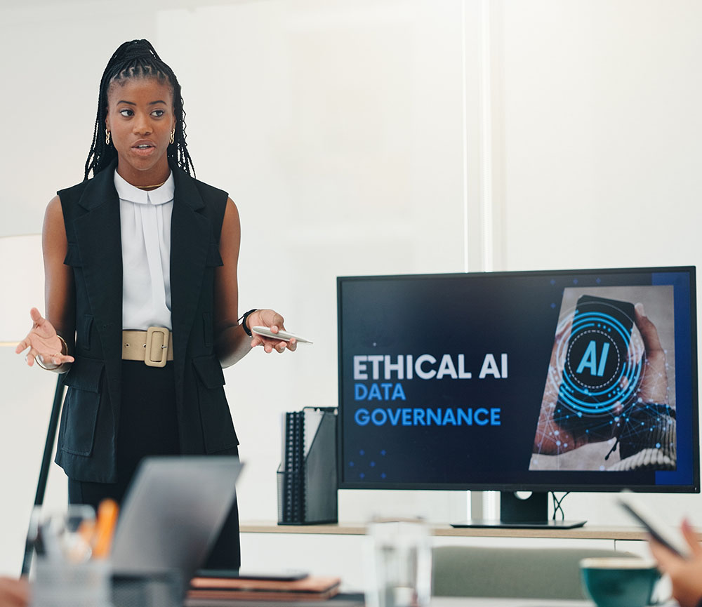 Woman presenting AI governance to team.