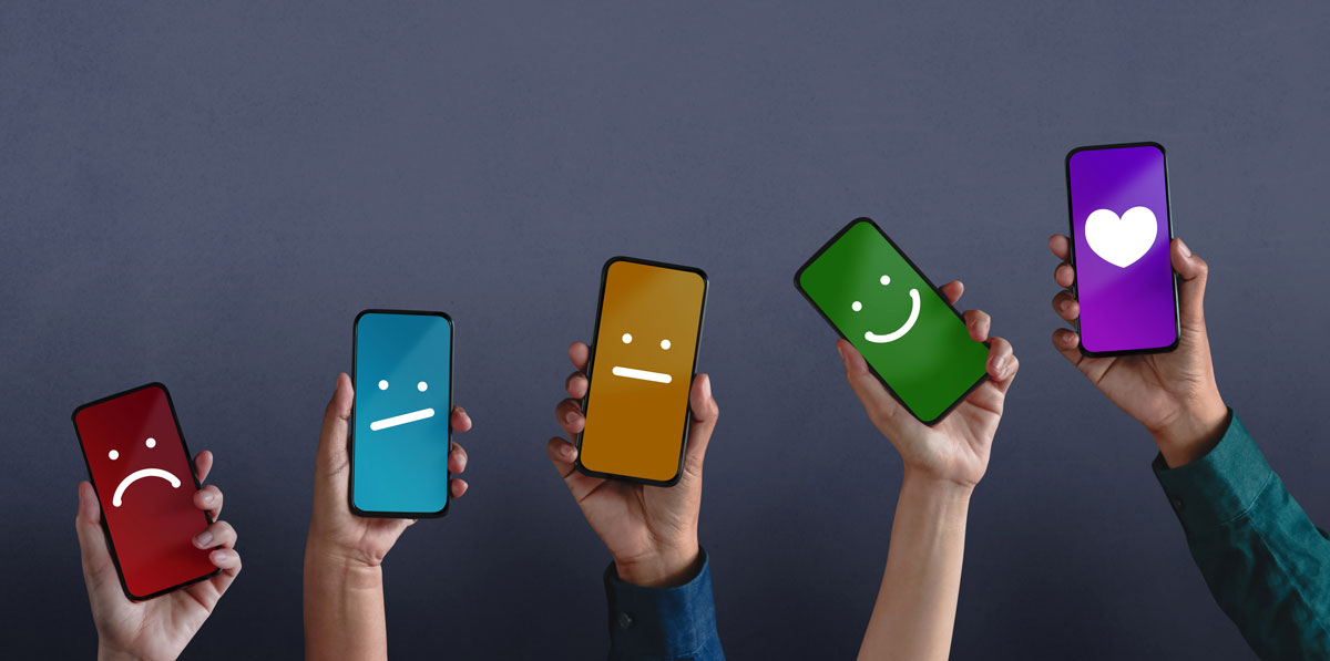 5 cell phones with faces on it highlighting how happy someone is with their google page experience.